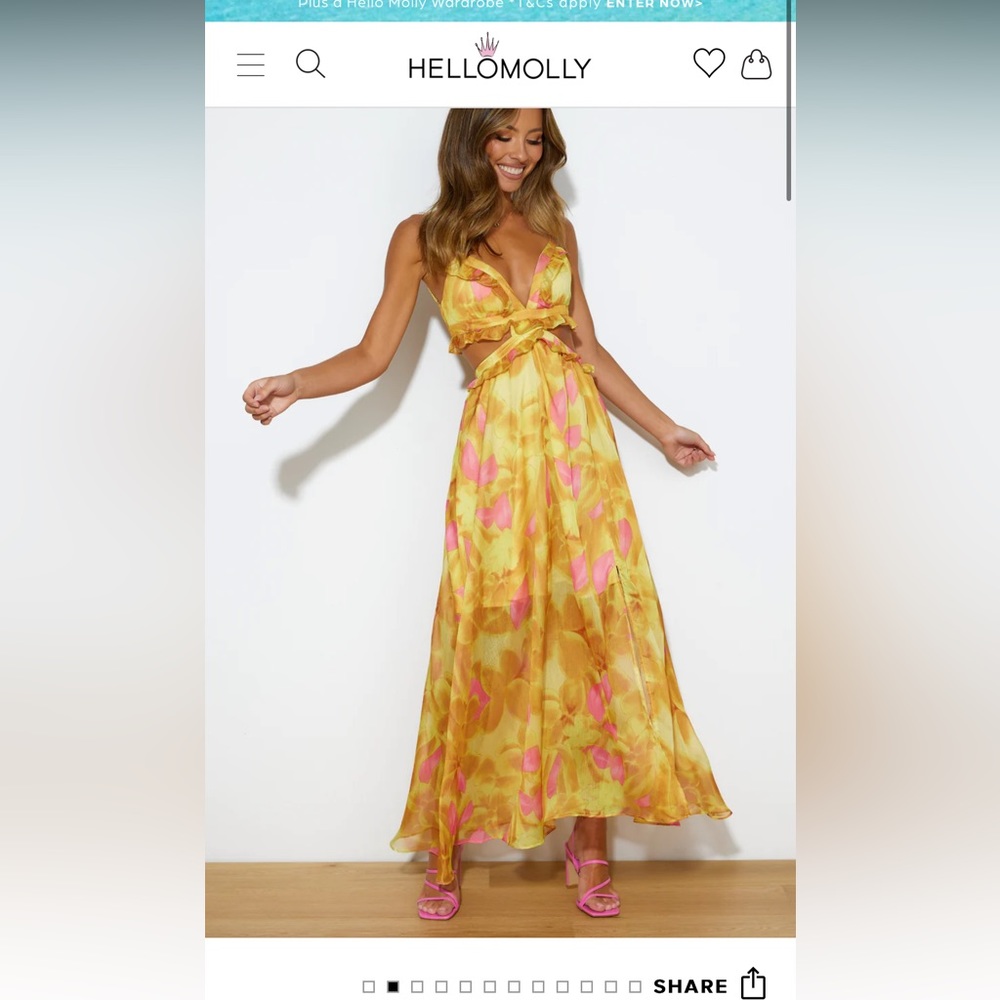 Hello Molly yellow flowy gown, yellow and pink, side cuts and adjustable straps